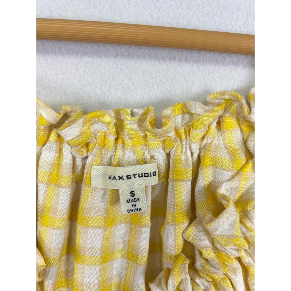 Max Studio Yellow Gingham Tiered Maxi Dress Ruffle Neckline Elastic Waist Size S - Picture 3 of 8